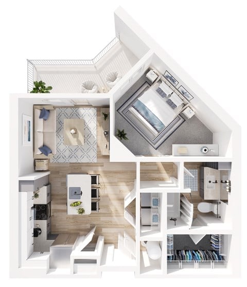 Floor plan for 1 bed, 1 bath, 743 sqft
